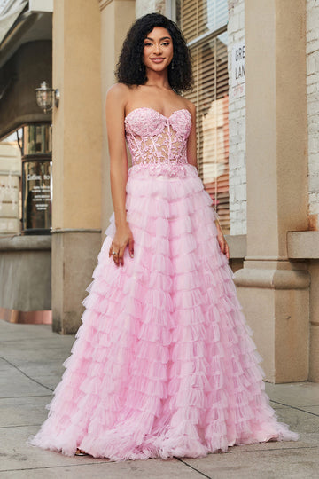 Rosa A-Line senza spalline a più livelli Corsetto lungo Prom Dress con pizzo